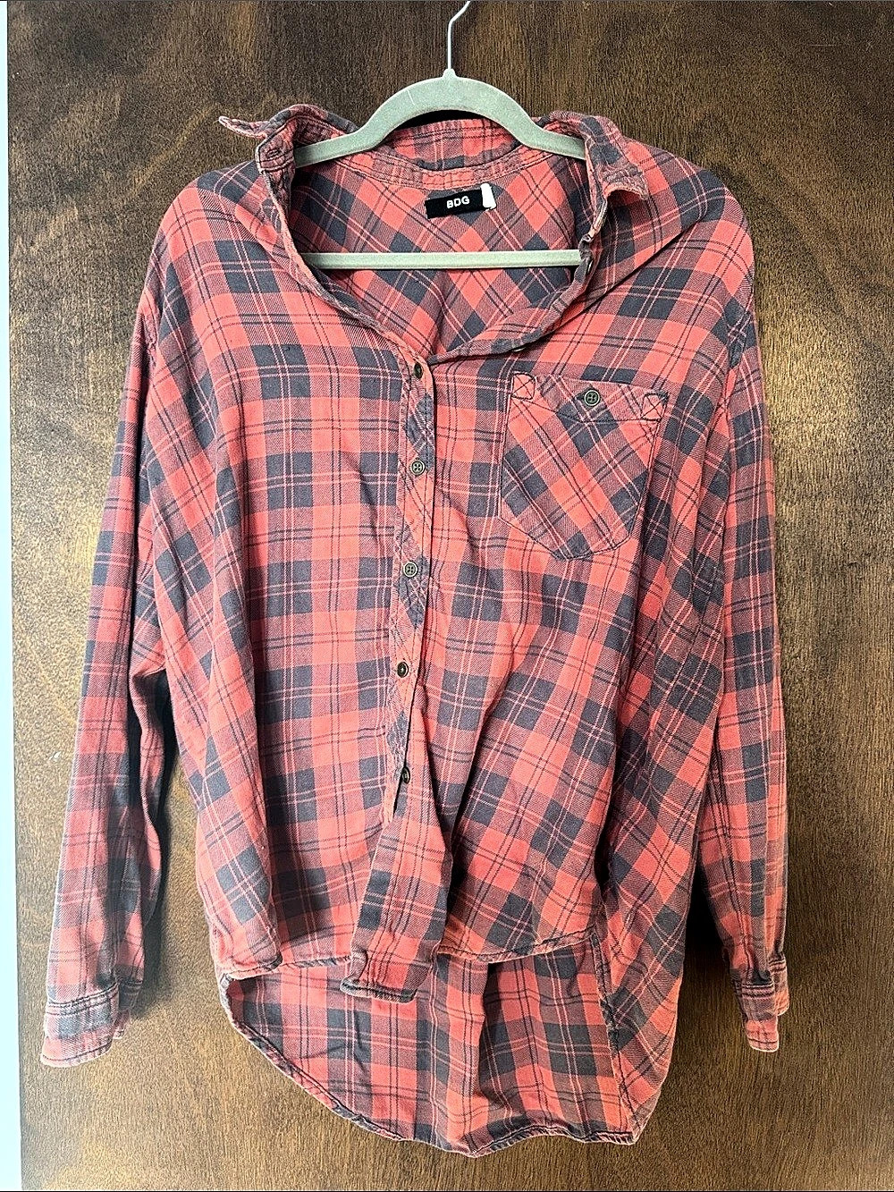 BDG Plaid Flannel Button Down in Red & Black Large